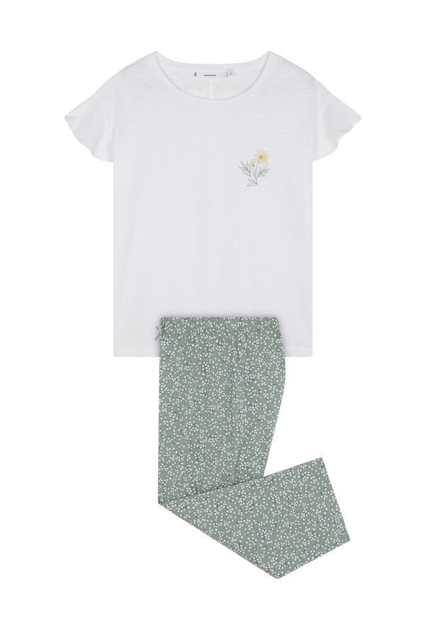 Womensecret Pijama Capri blanco y verde 100% algodón marfil