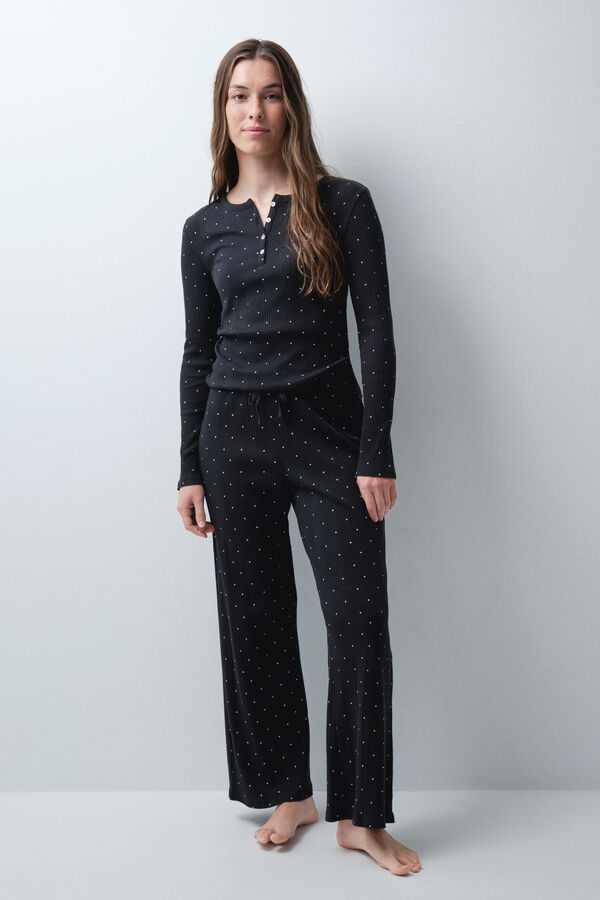 Women'secret Pijama larga de estrellas con botones Woodstock negro
