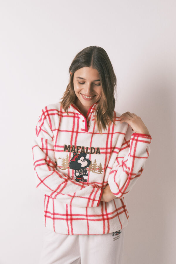 Women'secret Pijama larga largo de forro polar a cuadros blancos Mafalda marfil