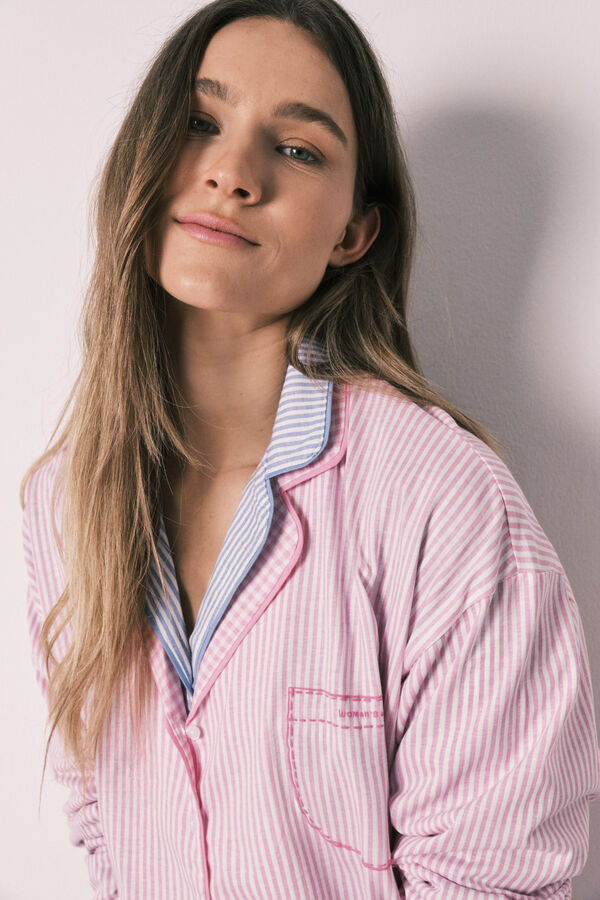 Women'secret Pijama camisera larga a rayas de algod&oacute;n rosa rosa