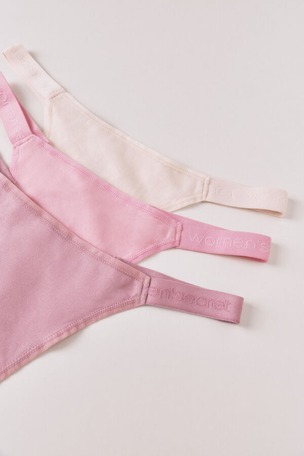 Women'secret Pack de 3 tangas tira de algod&oacute;n rosa con logo blanco