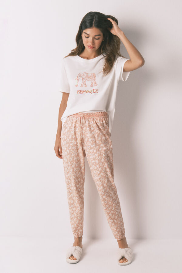 Women'secret Pantalón pitillo 100% algodón con flores naranjas naranja