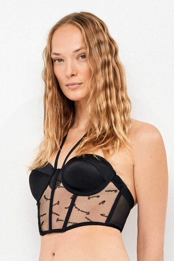 Gisela Brasier bustier de tul bordado y sat&eacute;n negro