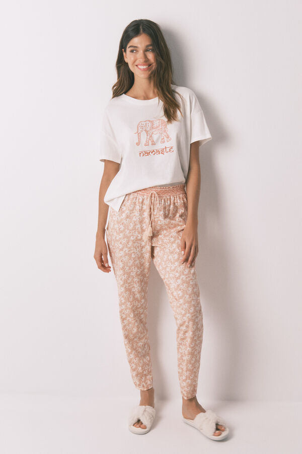Women'secret Pantalón pitillo 100% algodón con flores naranjas naranja