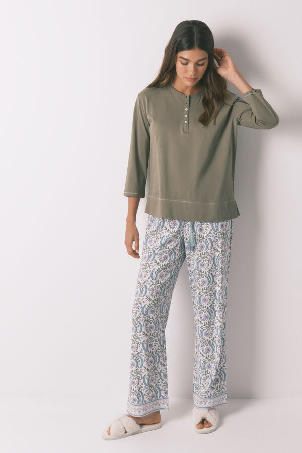 Women'secret Playera caqui de manga ¾ 100 % algodón  kaki