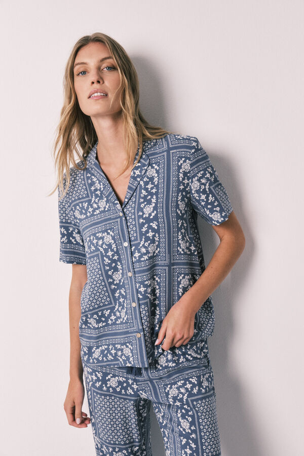 Women'secret Pijama camisera larga de manga corta con estampado de bandana azul estampado