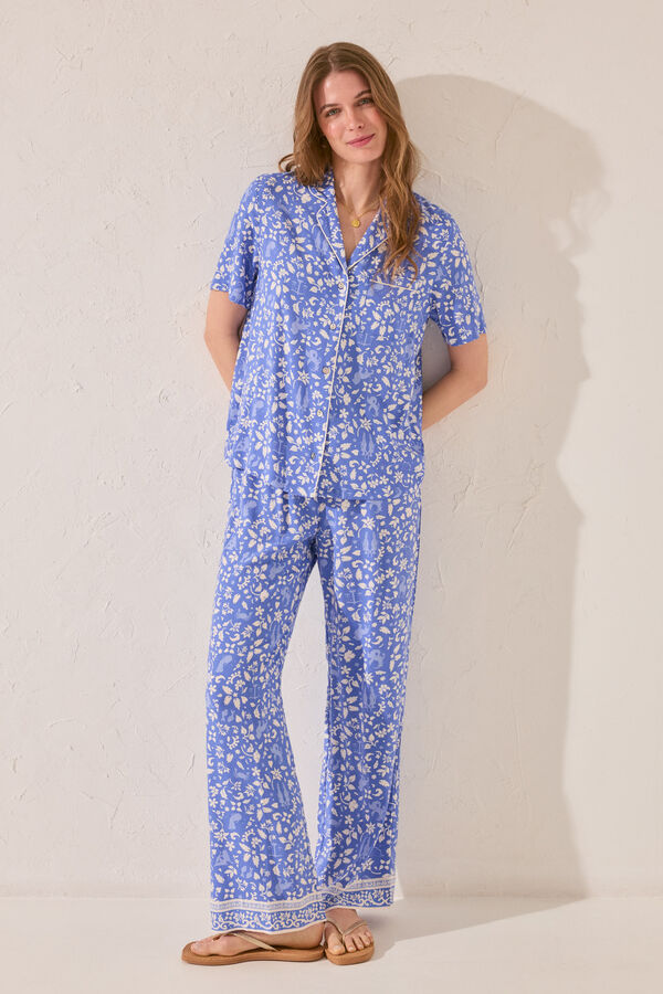 Womensecret Pijama camisera de viscosa con estampado azul estampado