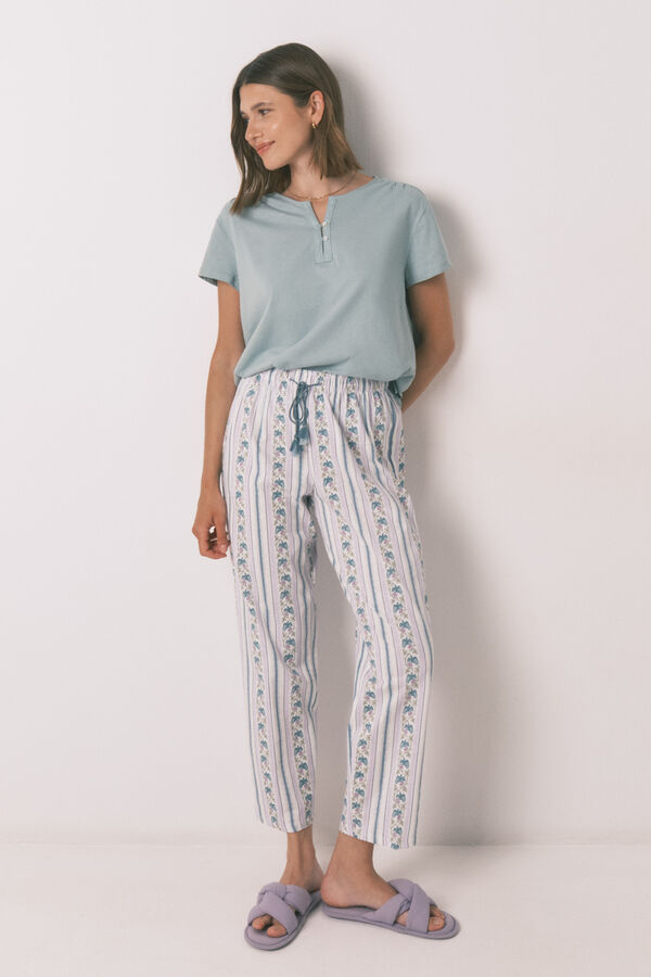 Womensecret Pantalón largo zanahoria 100% algodón ribetes marfil