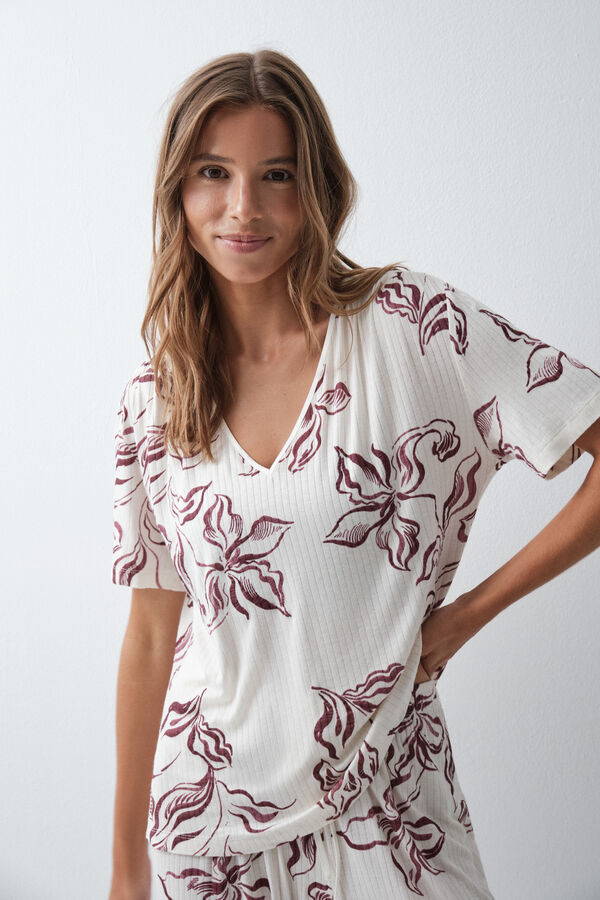 Women'secret Pijama larga manga corta de flores marfil