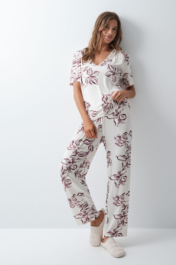 Women'secret Pijama larga manga corta de flores marfil