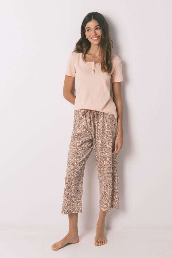 Women'secret Pijama Capri estampada de algod&oacute;n rosa y amarillo naranja