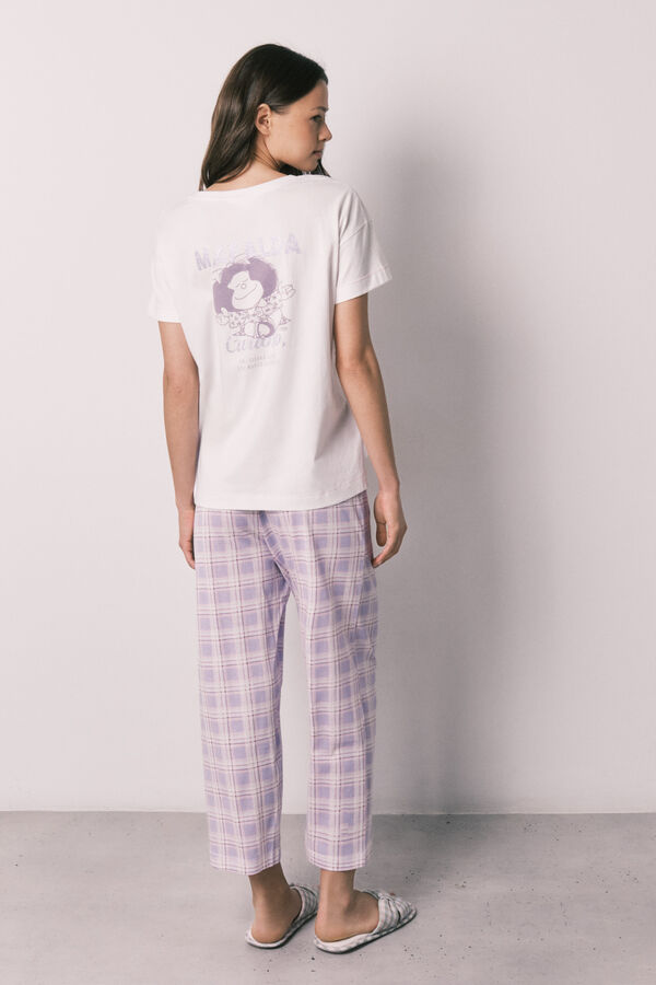 Women'secret Pijama larga de algod&oacute;n Mafalda a cuadros marfil