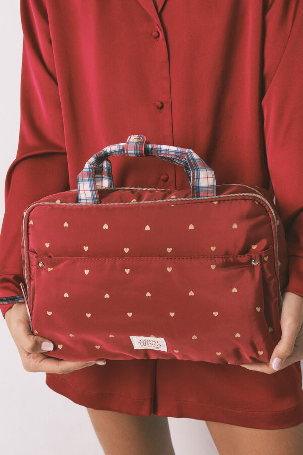Women'secret Neceser grande de nailon rojo con estampado de corazones rojo