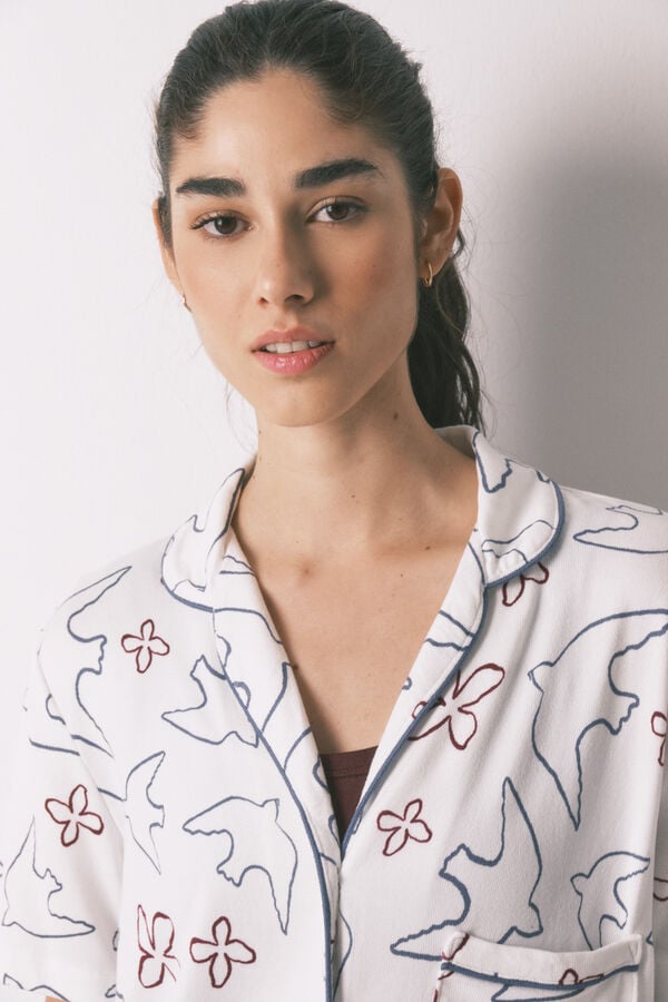 Women'secret Pijama camisera estampado de p&aacute;jaros de algod&oacute;n blanca blanco