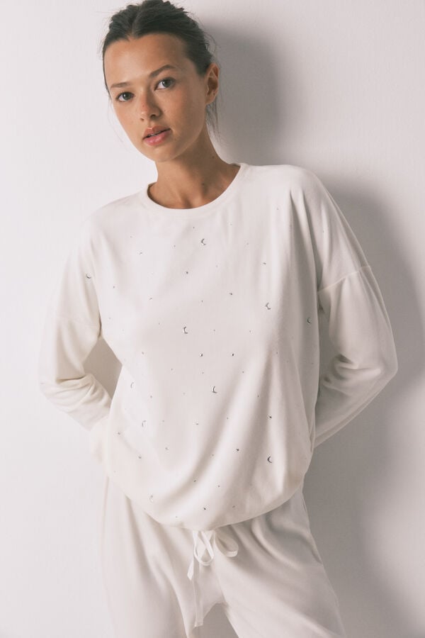 Women'secret Pijama larga en suave terciopelo blanco brillante. marfil