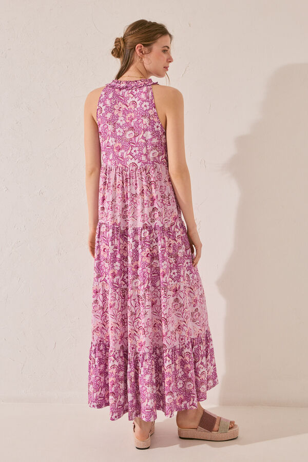 Womensecret Vestido largo de tirantes de viscosa con estampado morado/lila estampado