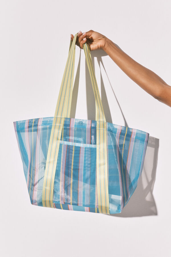 Women'secret Bolsa grande de malla a rayas azul y verde estampado