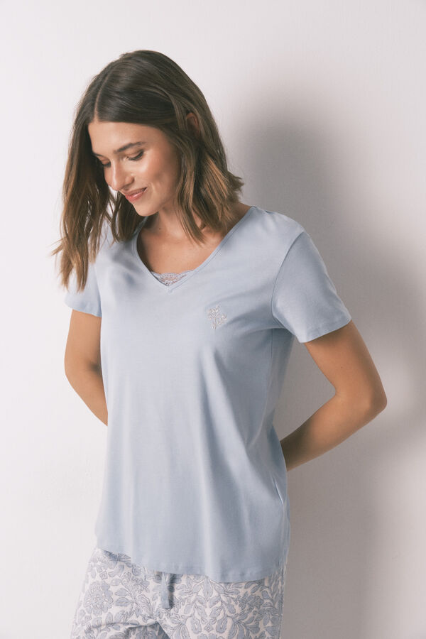 Women'secret Pijama 100% algod&oacute;n con estampado floral azul azul