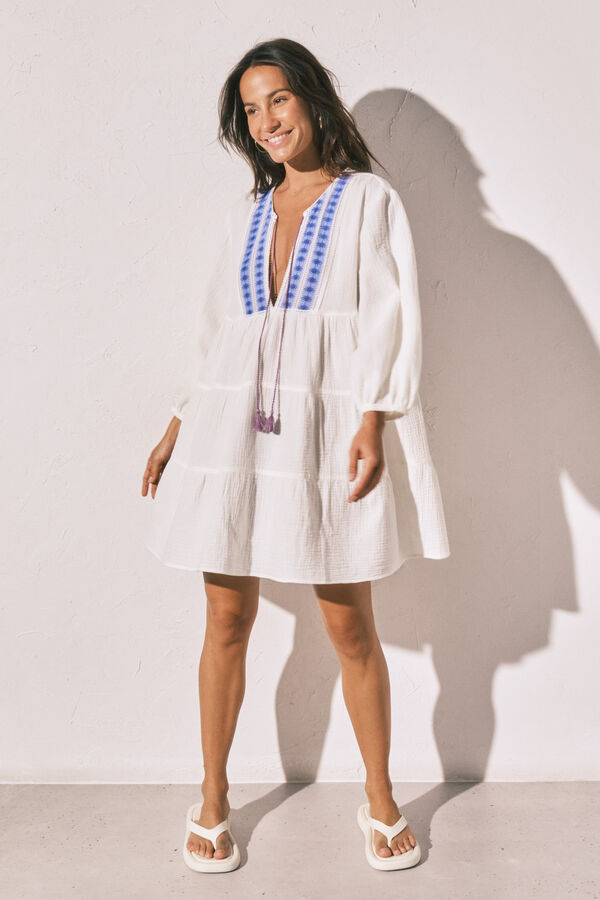 Women'secret Vestido corto de algod&oacute;n estampado boho marfil