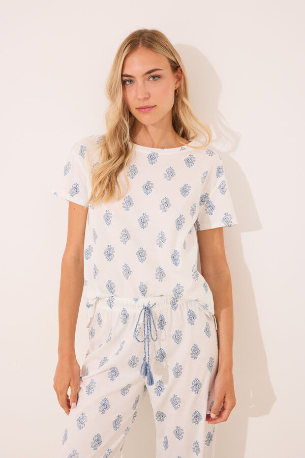 Womensecret Pijama larga blanco con estampado paisley 100 % algodón blanco