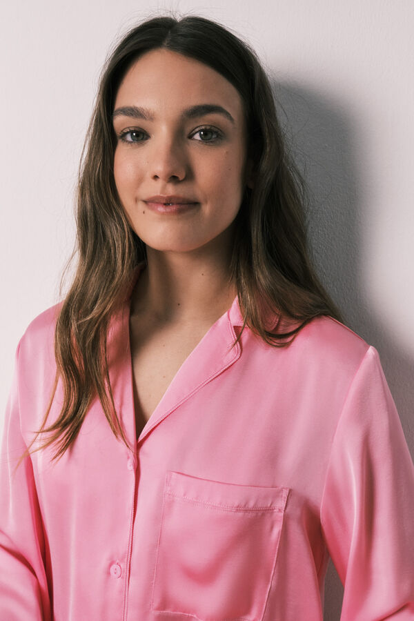 Women'secret Pijama camisera larga de sat&eacute;n rosa rosa