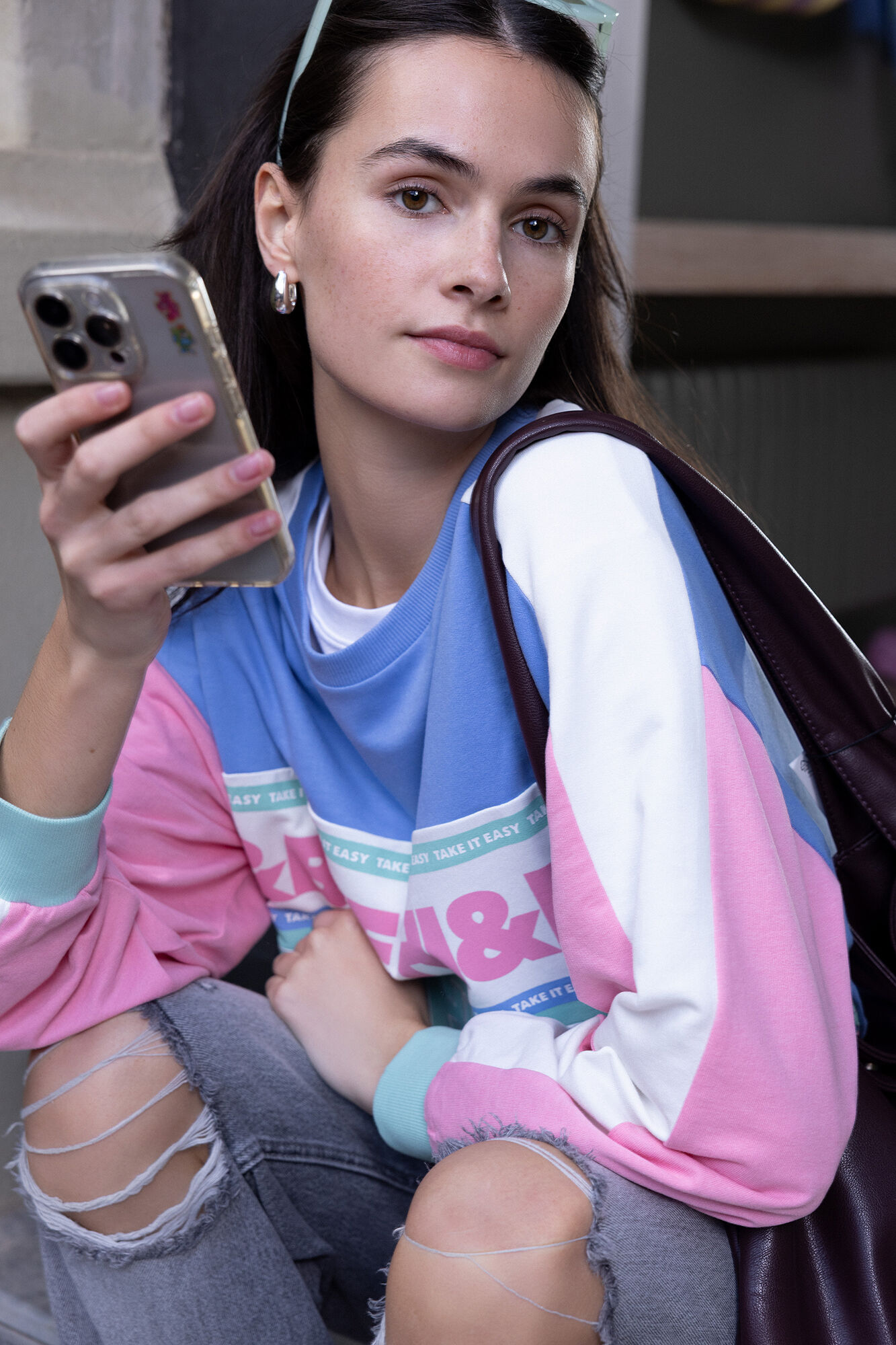 HI&BYE Sudadera color block de felpa de algod&oacute;n