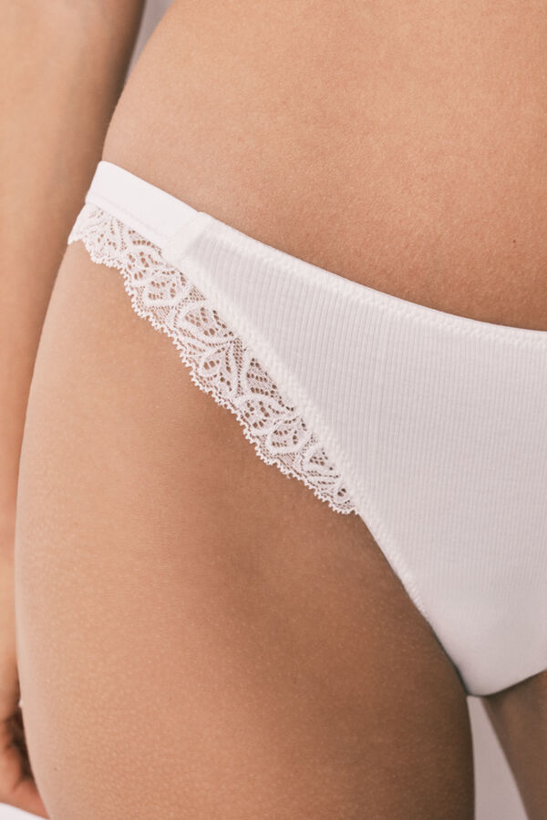 Women'secret Panty brasile&ntilde;o de tiras acanalado de algod&oacute;n blanco marfil
