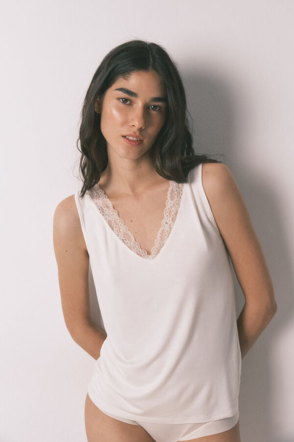 Women'secret Playera extra suave de tejido beige marfil