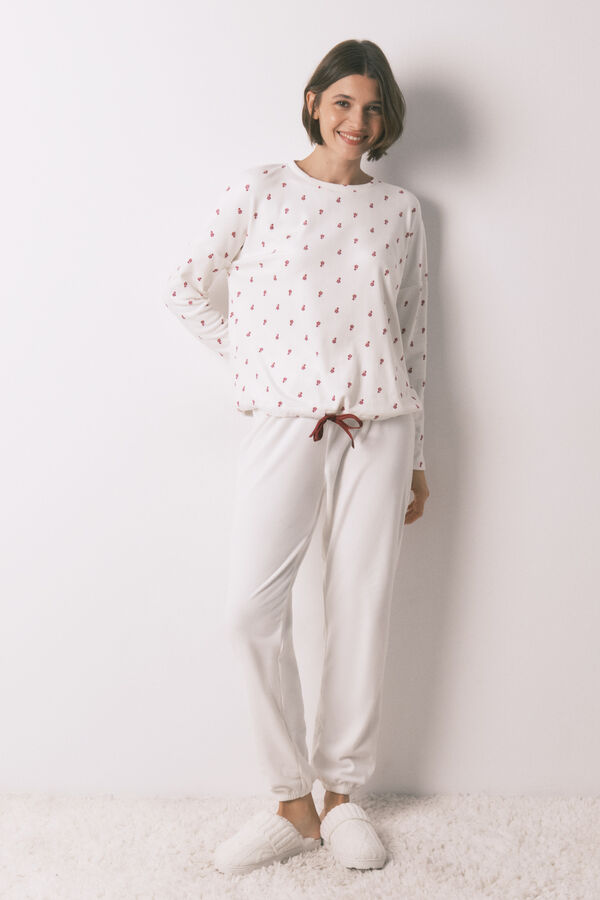 Women'secret Pijama larga de terciopelo blanco con flores. marfil