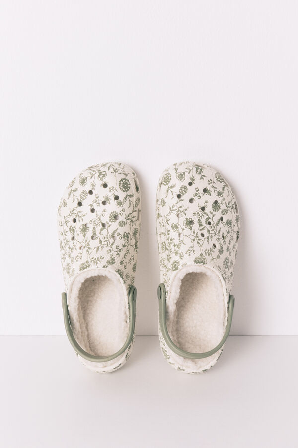 Women'secret Pantuflas para casa tipo zuecos flores verde estampado