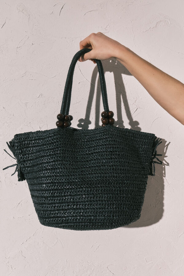 Women'secret Bolsa mediana con flecos de rafia negra negro