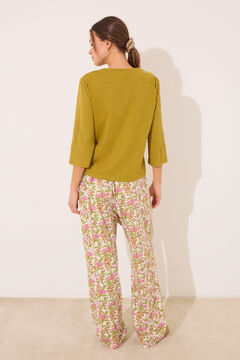 Womensecret Pantalón largo de salón 100% algodón flores blanco