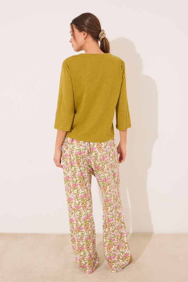 Womensecret Pantalón largo de salón 100% algodón flores blanco
