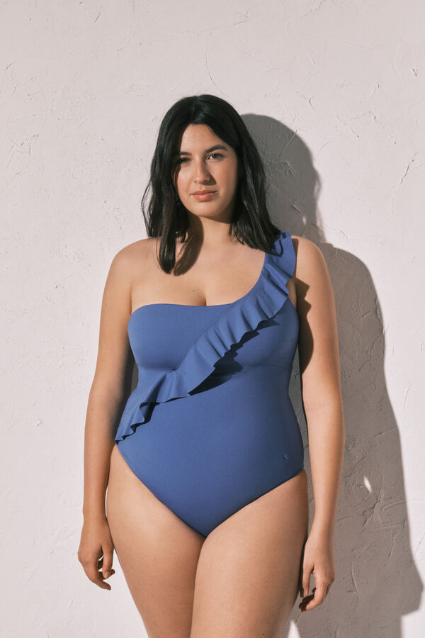 Women'secret Traje de ba&ntilde;o moldeador con volante asim&eacute;trico azul azul