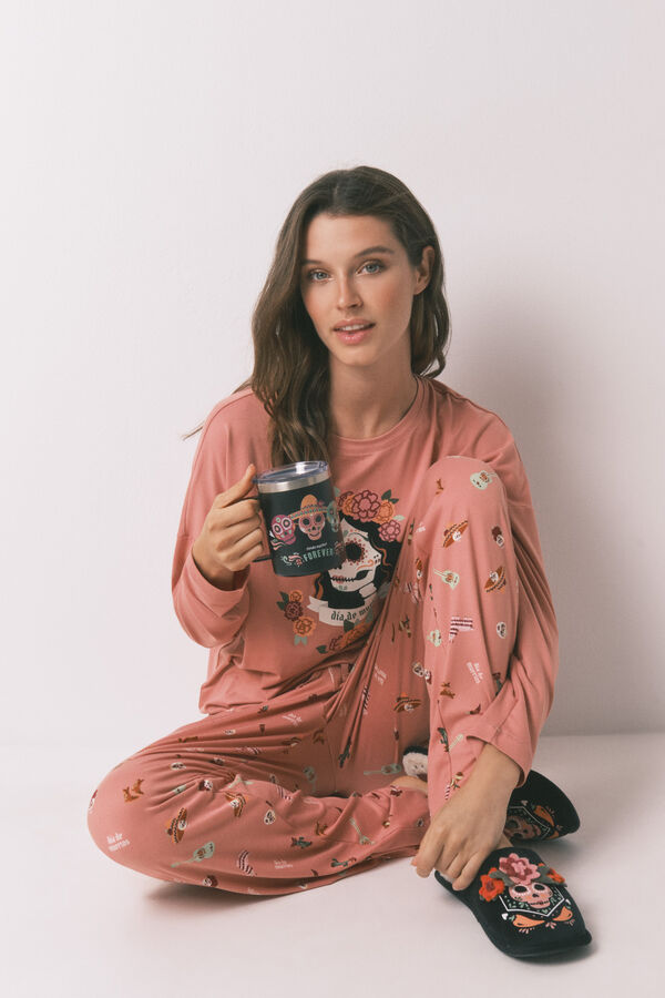 Women'secret Pijama larga forro polar rosa "La Catrina" naranja