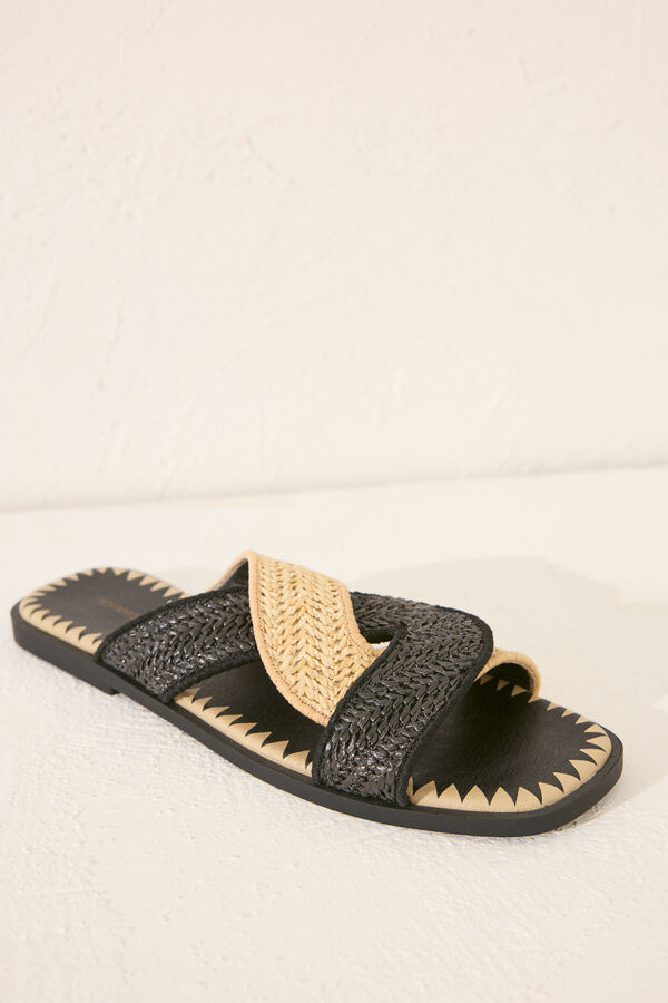 Womensecret Chanclas de rafia negra con tirantes cruzadas negro