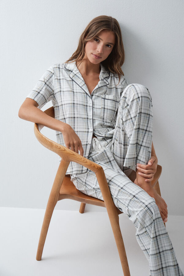 Women'secret Pijama larga camisera a cuadros de algod&oacute;n blanco