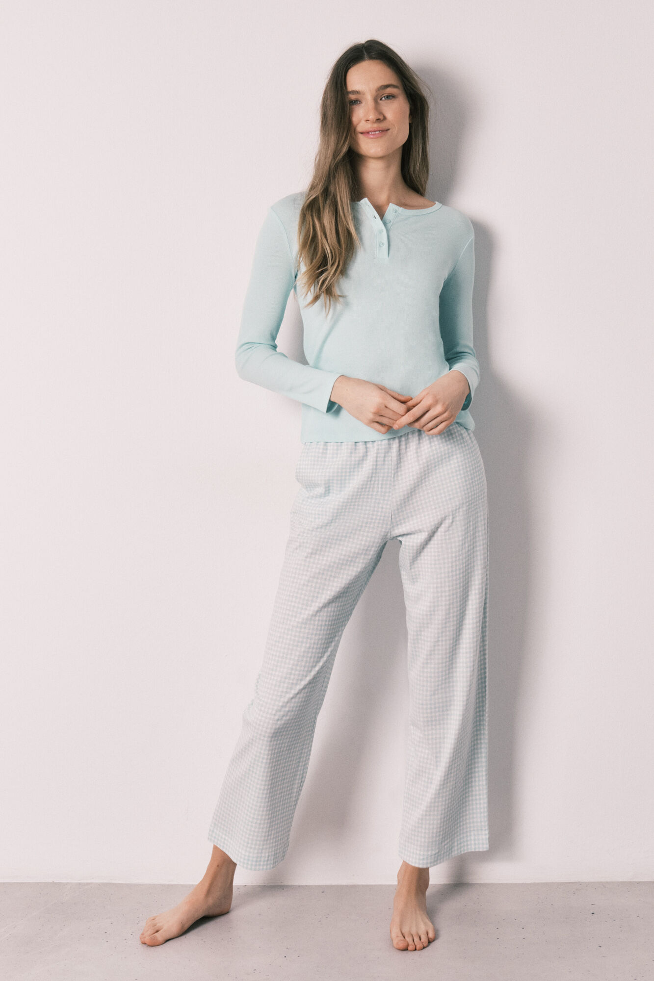 Women'secret Pijama larga cuadros Vichy de algod&oacute;n verde