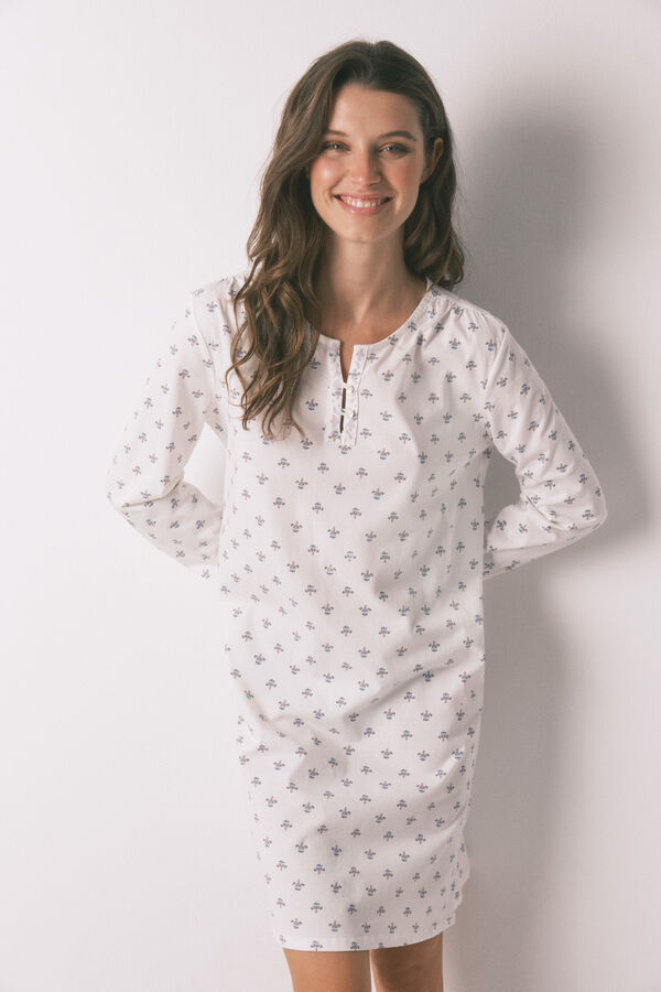 Womensecret camisón floral de manga larga 100% algodón marfil
