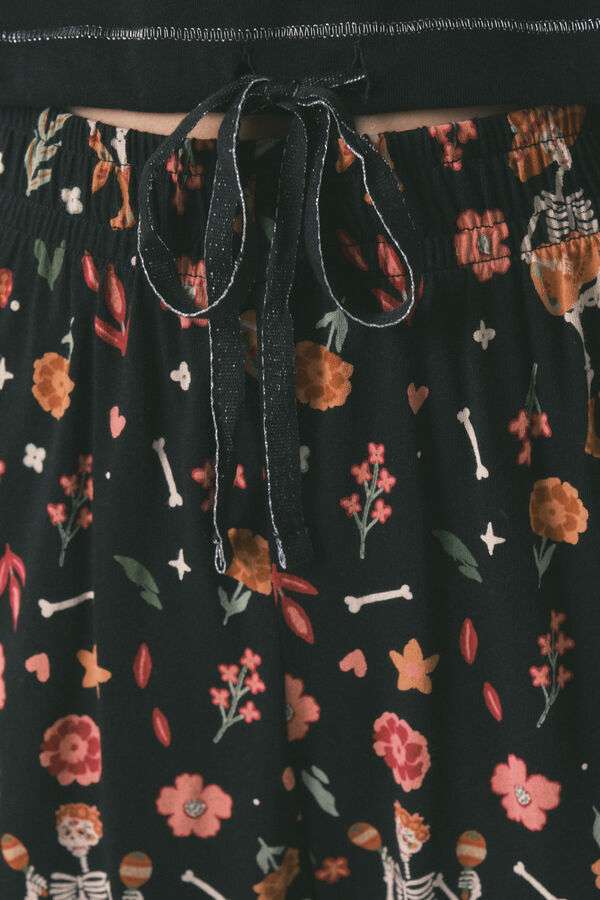 Women'secret Pijama larga "Día de Muertos" 100% algodón en color negro negro