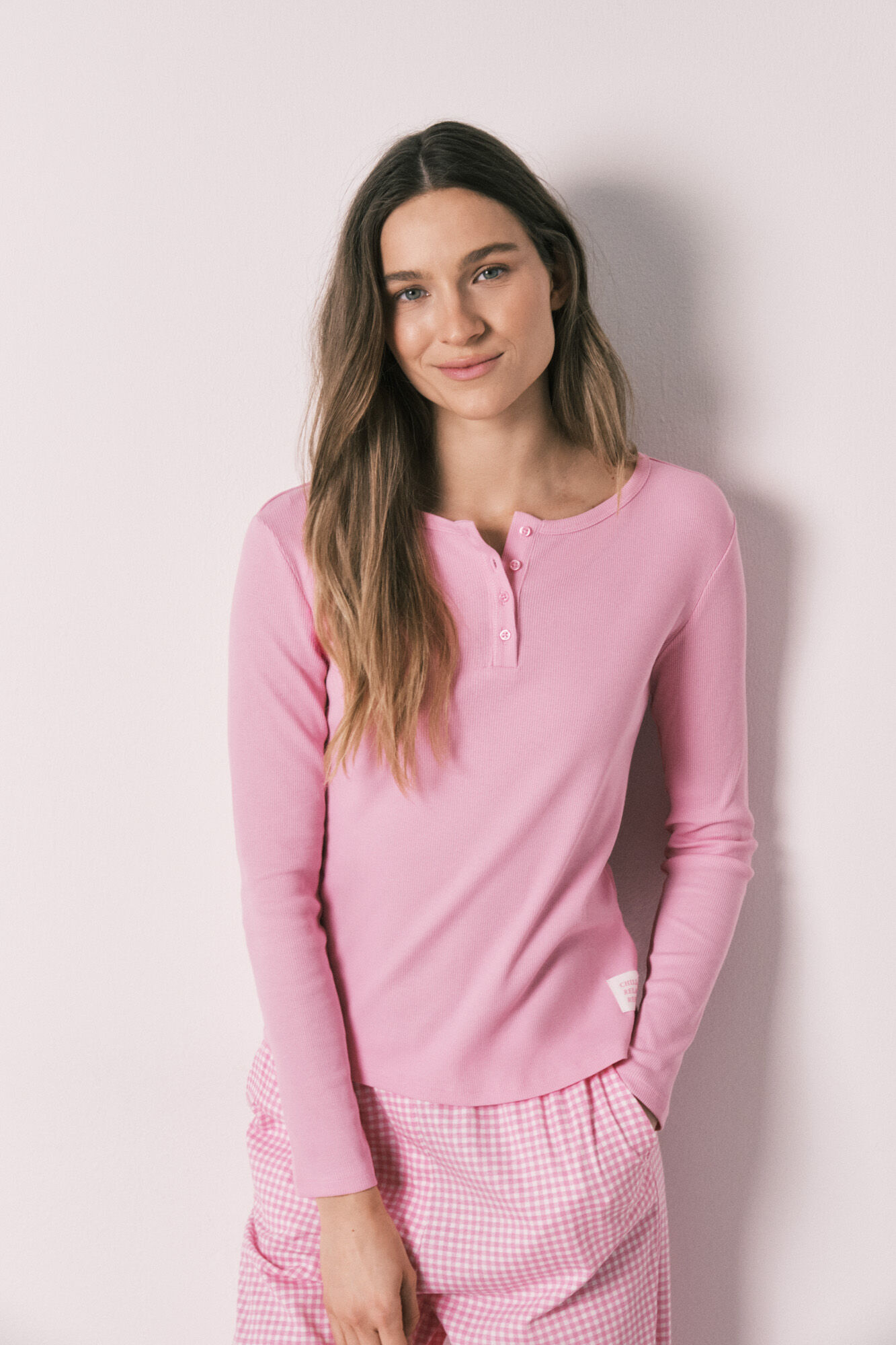 Women'secret Pijama larga estampado vichy de algod&oacute;n rosa