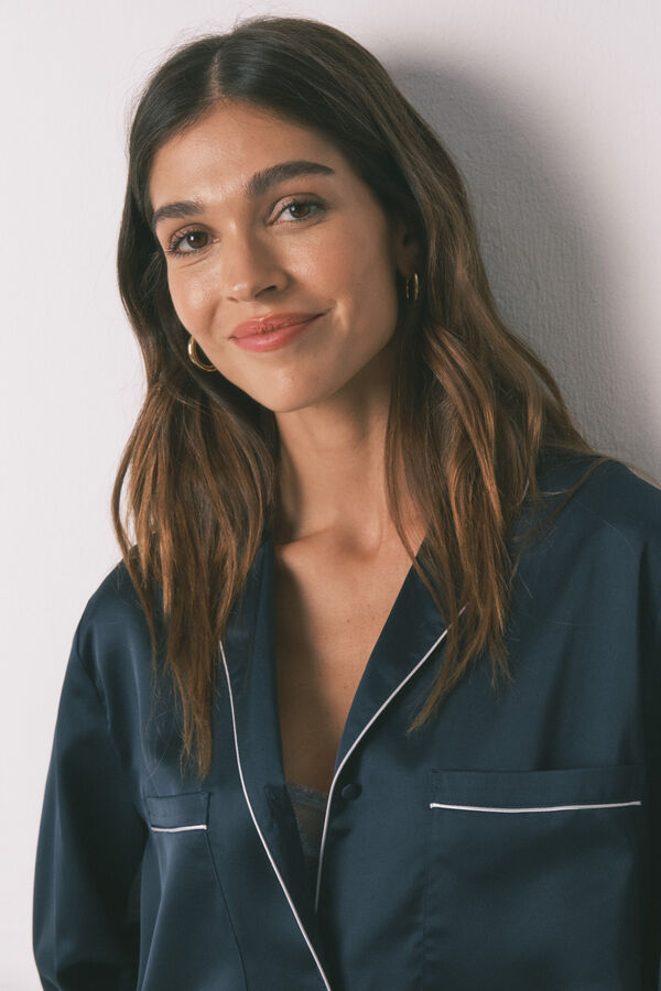 Women'secret Pijama camisera largo de satén azul azul