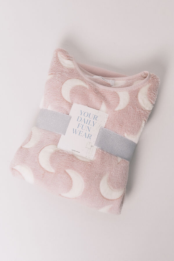 Women'secret Pijama larga polar mousse lunas rosa