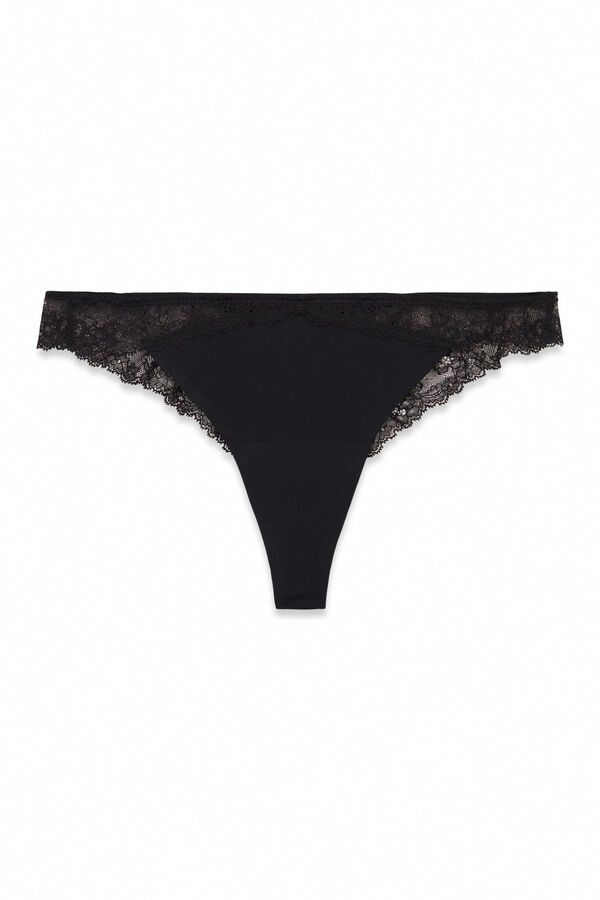 Women'secret Tanga de microfibra y encaje negra negro