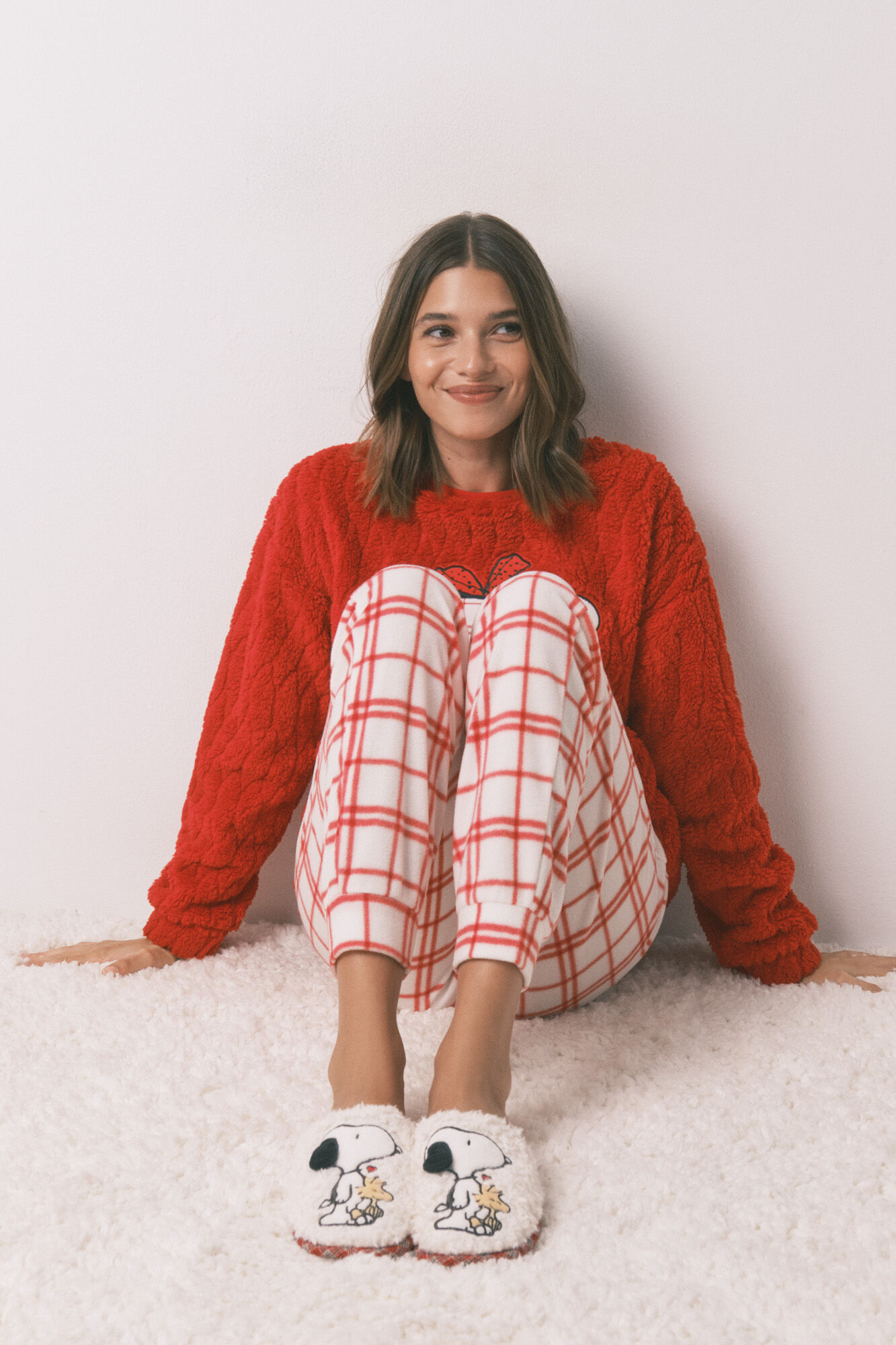 Women'secret Pantuflas para casa de borrego de oveja a cuadros de Snoopy