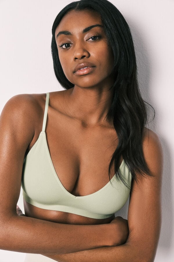 Women'secret Top triangular acanalado sin costuras verde verde