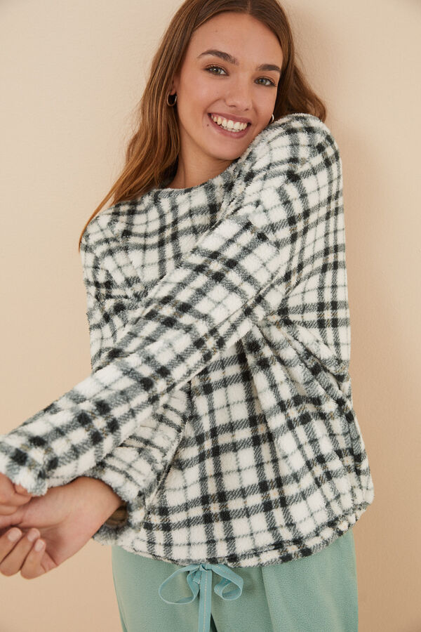 Womensecret Pijama polar cuadros verde kaki