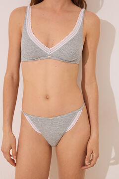 Womensecret Panty brasileño con encaje gris y tirantes de algodón acanalado gris