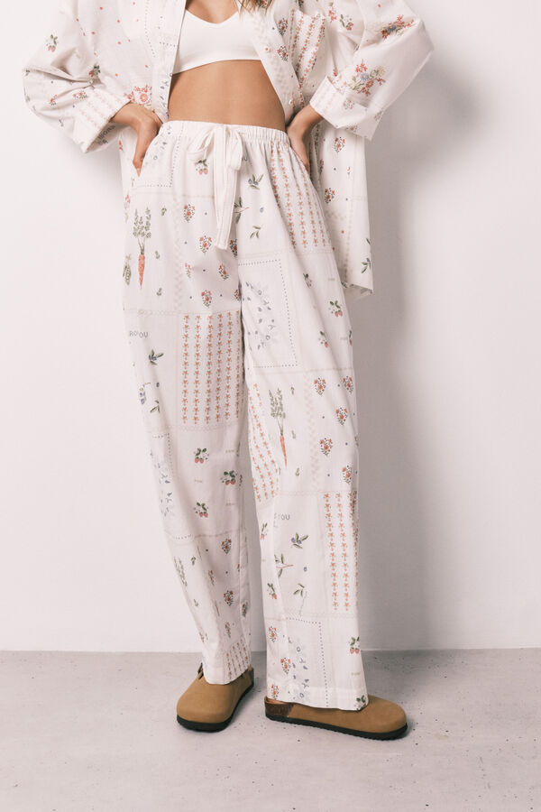 Women'secret Pantal&oacute;n largo 100% algod&oacute;n estampado floral blanco