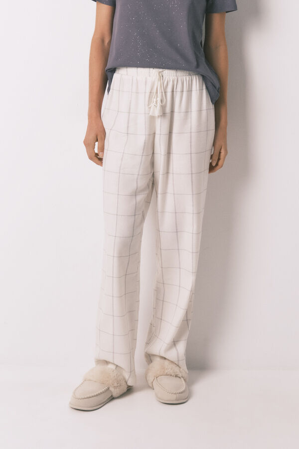Women'secret Pantalón largo de franela blanca con estampado de cuadros marfil